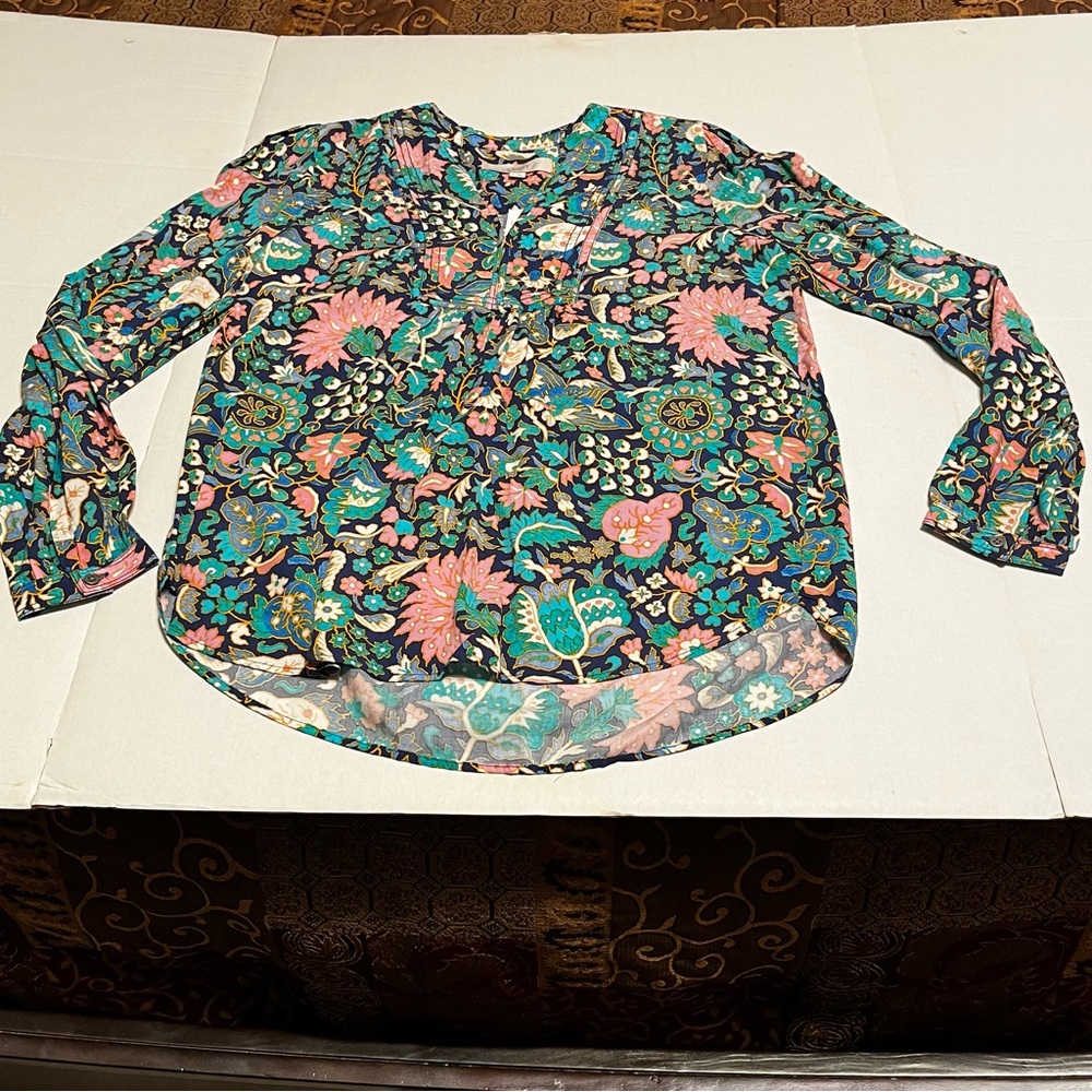 LOFT Women SZ Small Blue Multicolored Floral Long Sleeve Peasant Blouse Top NEW